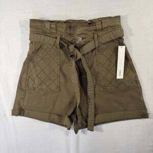 New AQUA Women’s High Waist Relax Fit Paperbag Waist Belted Shorts Green Size 27